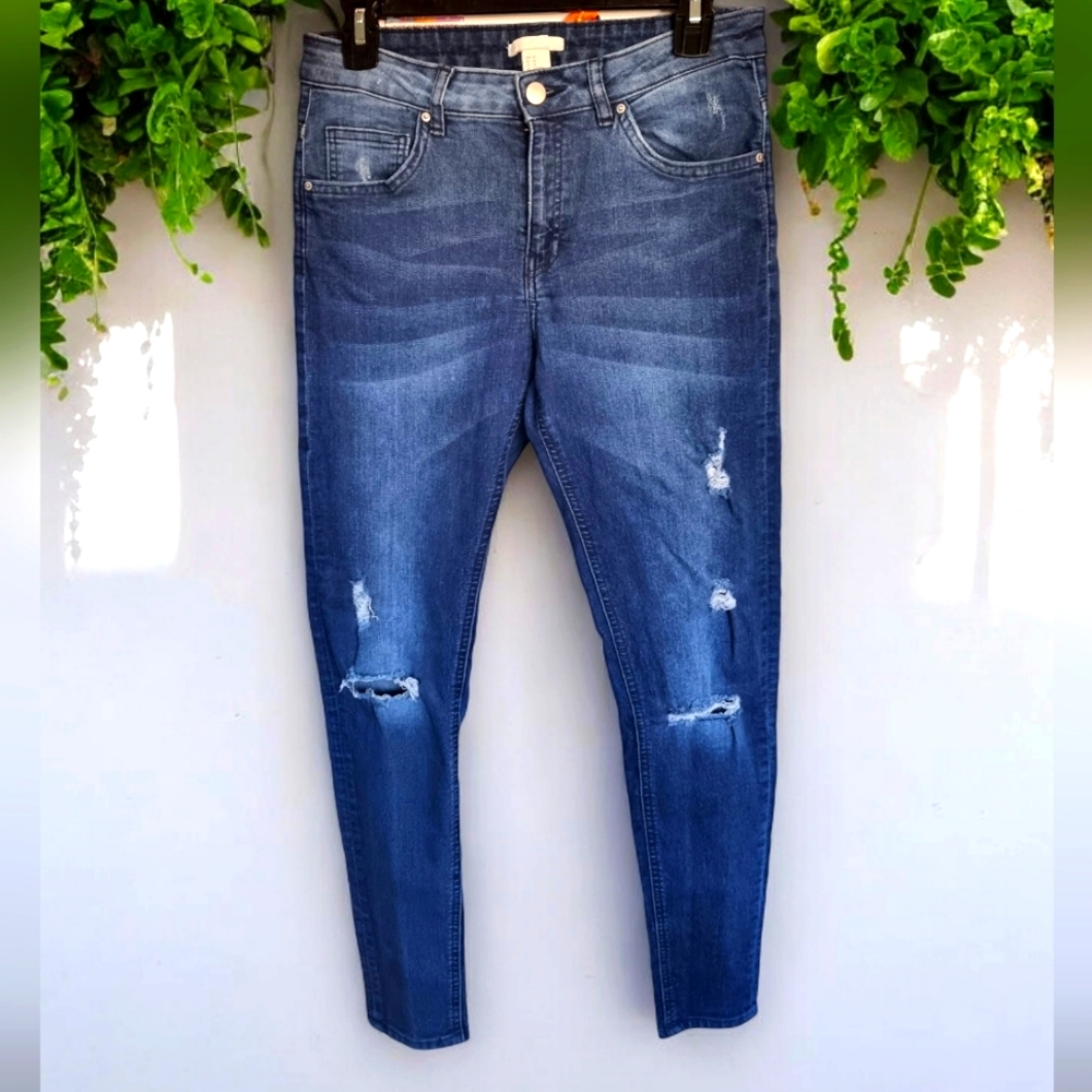 H&M Distressed Mid-Rise Ladies Denim Blue Jeans